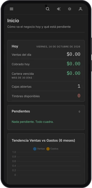Celular con el panel de inicio de Minerva Cloud en modo oscuro